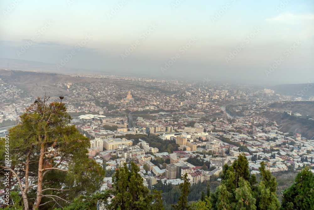 Old Tbilisi, Tbilisi, Georgia, October 17, 2019, Arial view of Tbilisi from Medieval castle of Narikala and Tbilisi city overview, Republic of Georgia, Caucasus region Old Tbilisi, Tbilisi, Georgia, October 17, 2019, Arial view of Tbilisi from Medieval castle of Narikala and Tbilisi city overview, Republic of Georgia, Caucasus region