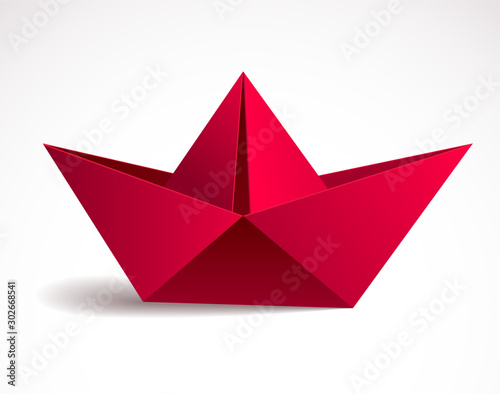 Origami paper folded toy ship, 3d realistic vector illustration.