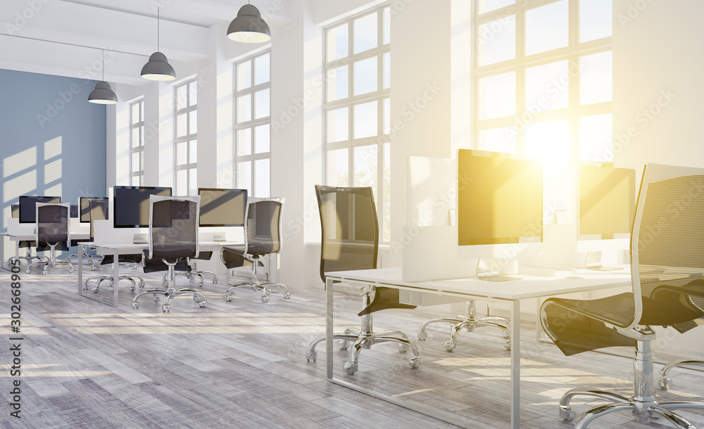 3D rendering, large office. open space. panoramic windows. bright hues.. Sunset 3D rendering, large office. open space. panoramic windows. bright hues.. Sunset