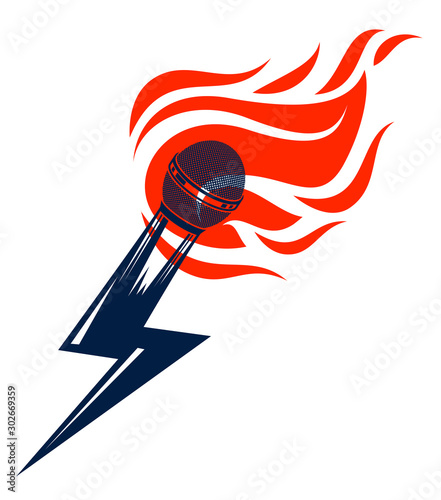 Microphone on fire and shape of lightning, hot mic in flames and bolt, breaking news concept, rap battle rhymes music, karaoke singing or standup comedy, vector logo or illustration.
