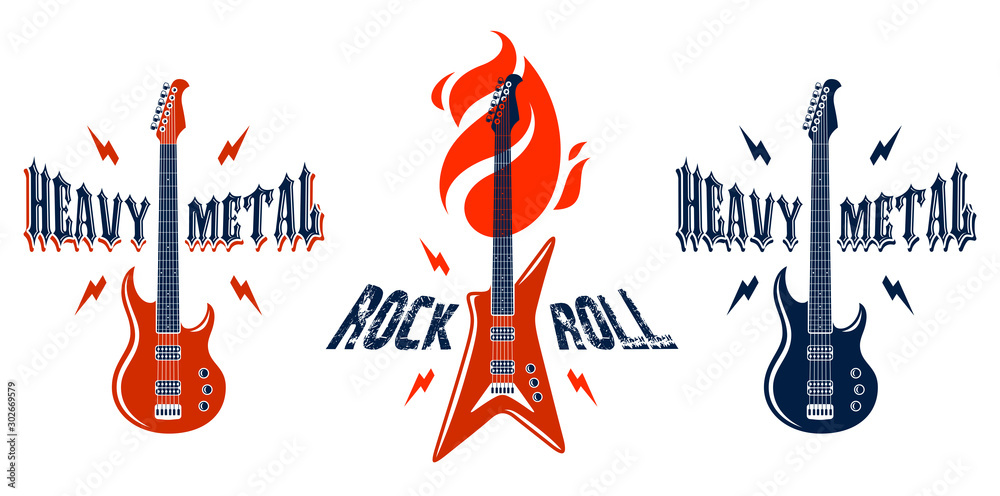 Vecteur Stock Hard Rock emblems with electric guitar vector logos set,  concert festival or night club labels, music theme illustrations, guitar  shop or t-shirt print, rock band sign with stylish typography.