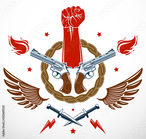 Revolution and Riot aggressive emblem or logo with strong clenched fist, weapons and different design elements , vector tattoo, anarchy and chaos, rebel partisan and revolutionary.