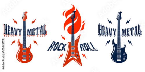 Hard Rock emblems with electric guitar vector logos set, concert festival or night club labels, music theme illustrations, guitar shop or t-shirt print, rock band sign with stylish typography.