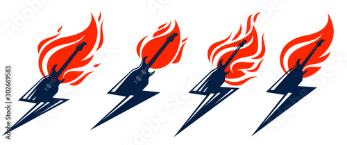 Electric guitar in a shape of lightning on fire, hot rock music in flames, Hard Rock or Rock and Roll concert or festival labels, night club live show band performance, vector logos set.