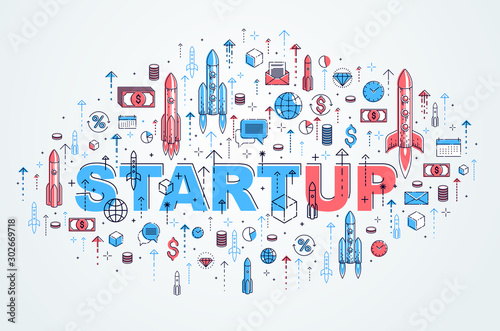 Startup rockets take off, space rockets flying start up business concept, vector illustration.