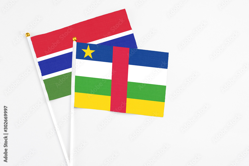 Central African Republic and Georgia stick flags on white background. High quality fabric, miniature national flag. Peaceful global concept.White floor for copy space. Central African Republic and Georgia stick flags on white background. High quality fabric, miniature national flag. Peaceful global concept.White floor for copy space.