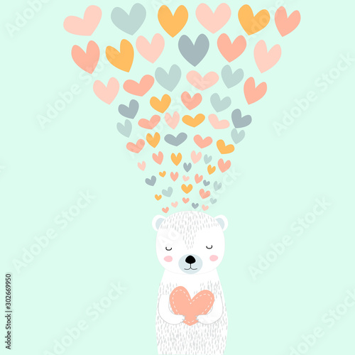 Vector Cute Bear Love. Doodle Cartoon Scandinavian Bear with hearts. Scandinavian Nursery Print or Poster Design for St.Valentine, Greeting Card, dishes and clothes.