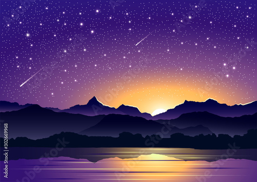 Wonderful vectorial composition of night sky on a background mountains