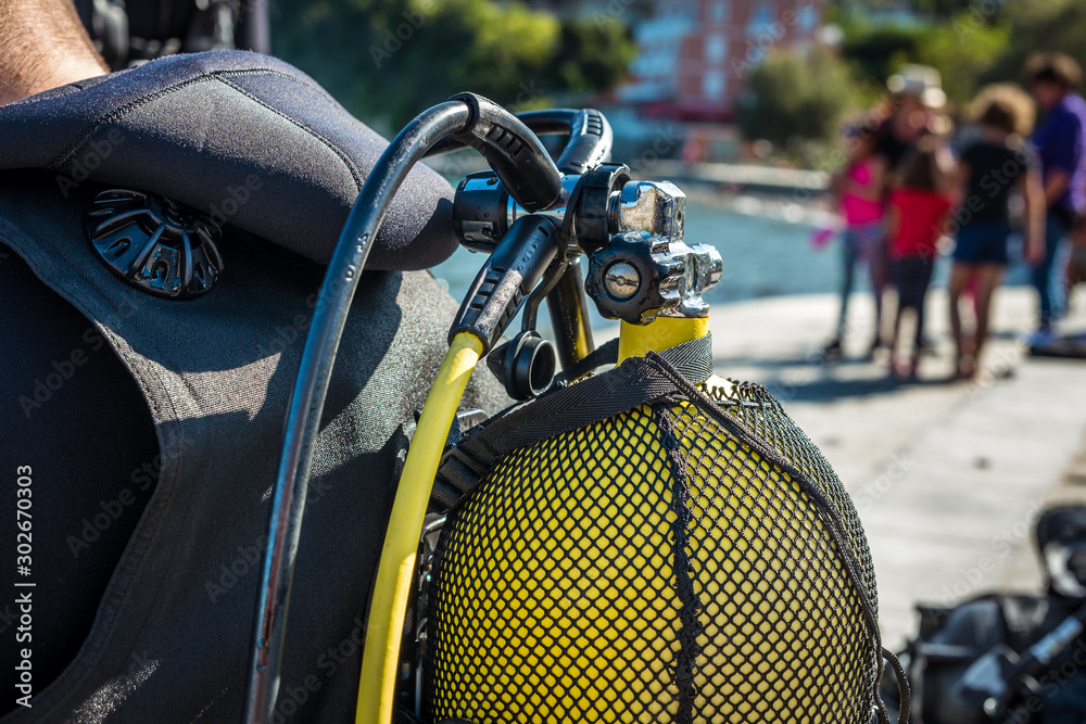 Scuba diver getting ready for scuba diving on the beach. - obrazy, fototapety, plakaty 