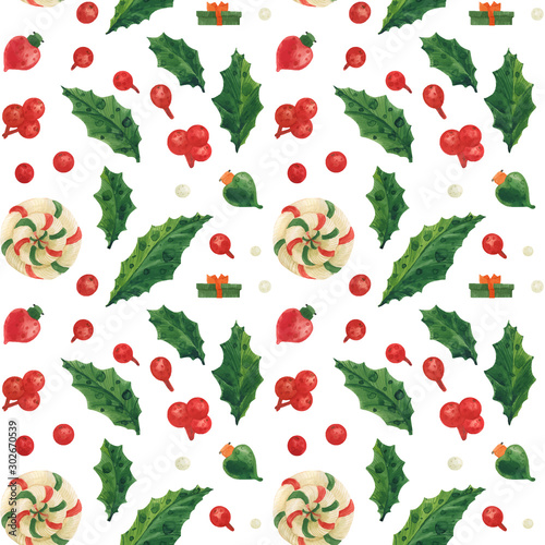Christmas Elves Factory pattern with holly and lollipops