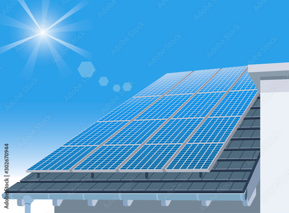Solar Panel on Home Roof and Blue Sky - obrazy, fototapety, plakaty 