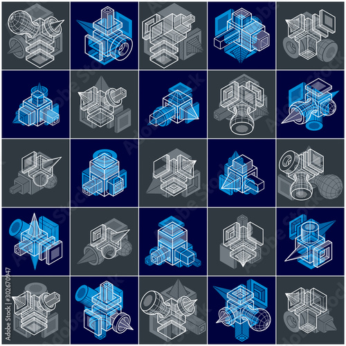 3D designs, set of abstract vector shapes.