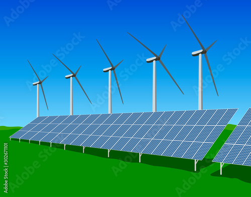 Renewable Energy Wind and Solar Power on Blue Sky