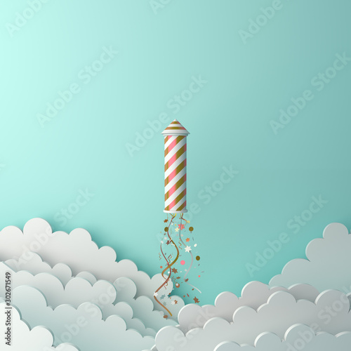Happy New Year design creative concept, firework rocket, glittering confetti, cloud on green mint background. Copy space text area, 3D rendering illustration.