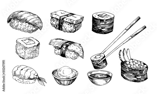 Sushi sketch. Hand drawn illustration converted to vector. Isolated on white background photo
