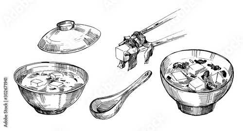 Japanese food, miso soup. Sketch. Hand drawn illustration converted to vector. Isolated on white background