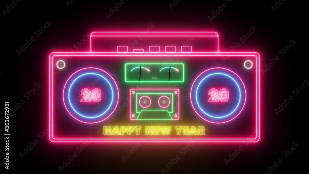 Happy New Year 2020. Stereo retro neon radio and cassette player, animated on a black background.