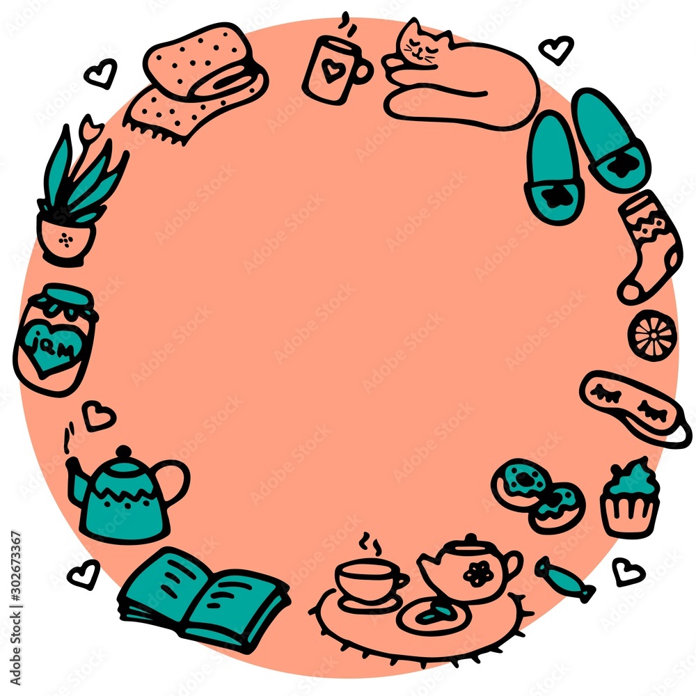 Hand drawn round border. Cozy winter and autumn concept Hand drawn round border. Cozy winter and autumn concept