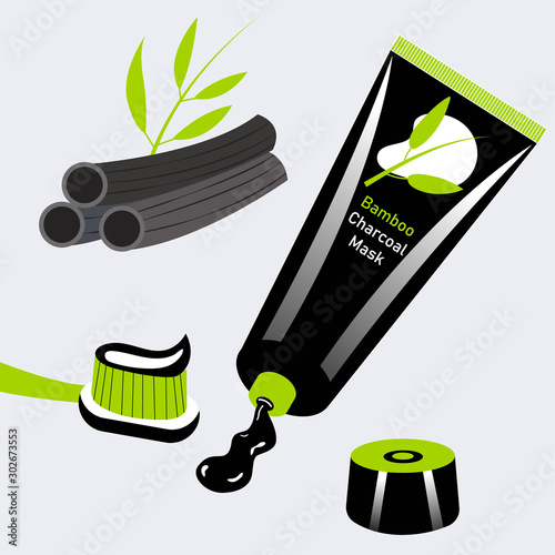 Charcoal and bamboo toothpaste brush. Package of whitening paste. Vector
