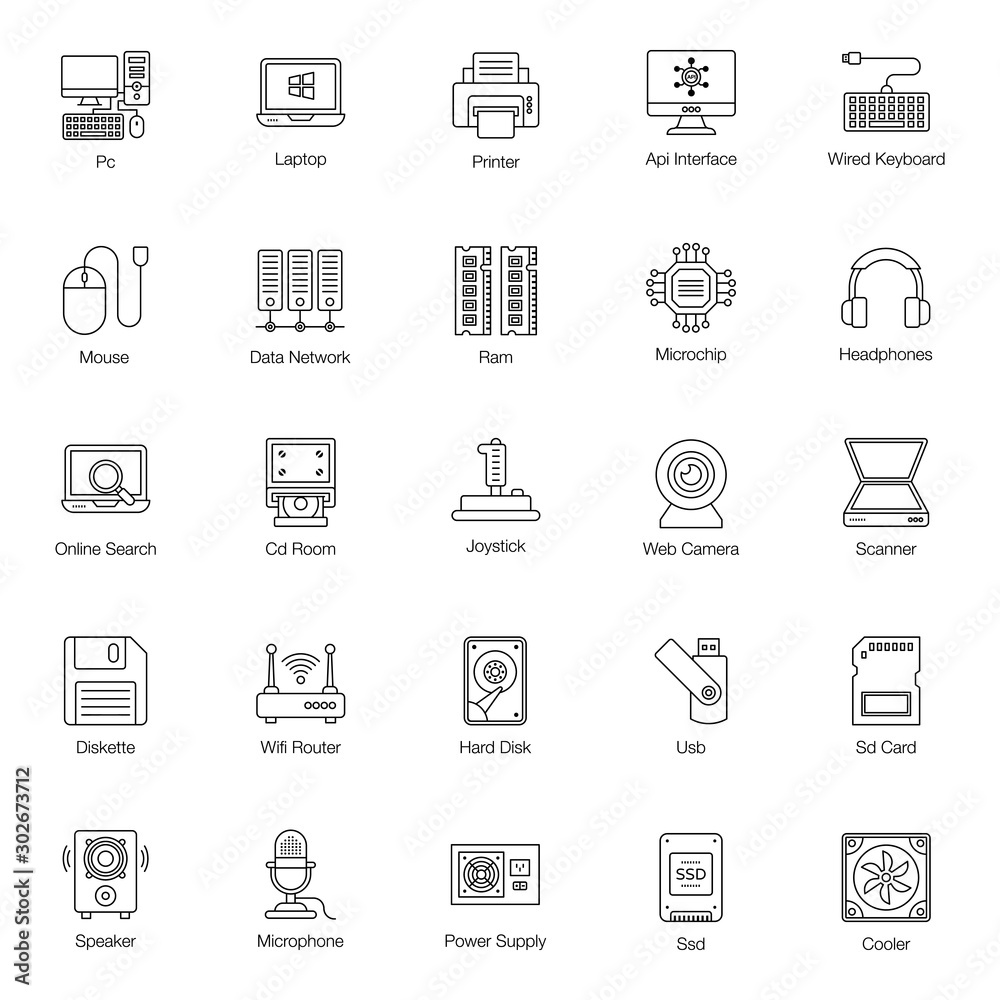 Computer Hardware Line Icons Pack 