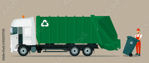 The driver loads a garbage container into the garbage truck. Vector flat style illustration.