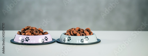 Dog food in bowl on wooden table