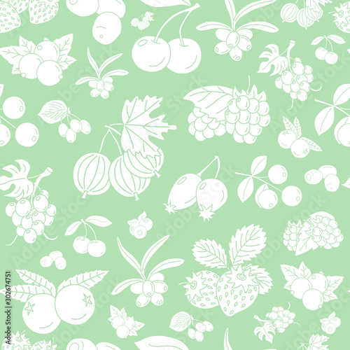 Berry background - Vector seamless pattern solid silhouettes of strawberry, raspberry, cherry, blueberry, cloudberry, dogrose and cranberry for graphic design
