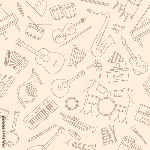 Music instruments background - Vector seamless pattern of string, guitar, piano, keyboard, wind, percussion, drum, for graphic design