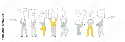 Concept illustration EPS 10 isolated on white. Flat people carry big letters. Happy men and women hold light text. Working little people with phrase thank you. Corporate workers gratitude customer.