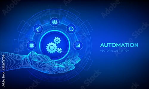 IOT and Automation Software concept as an innovation, improving productivity in technology and business processes. Automation icon in robotic hand. Vector illustration.