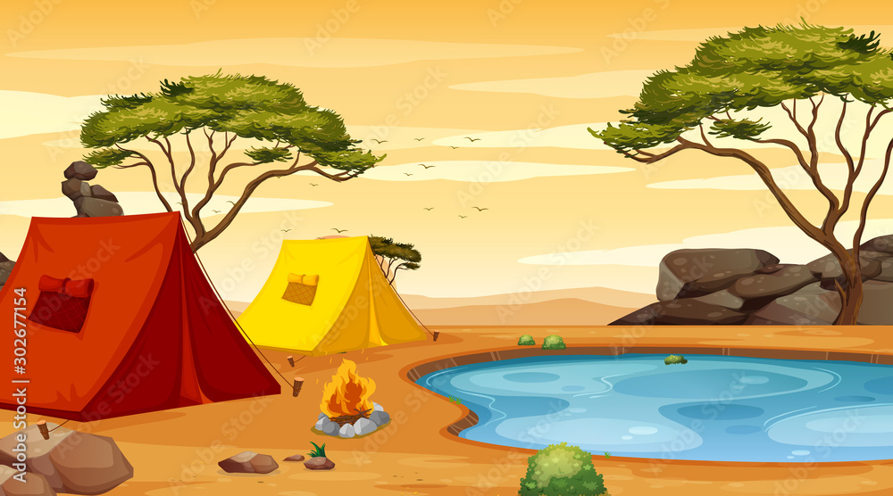 Background scene with tents on the ground - obrazy, fototapety, plakaty 