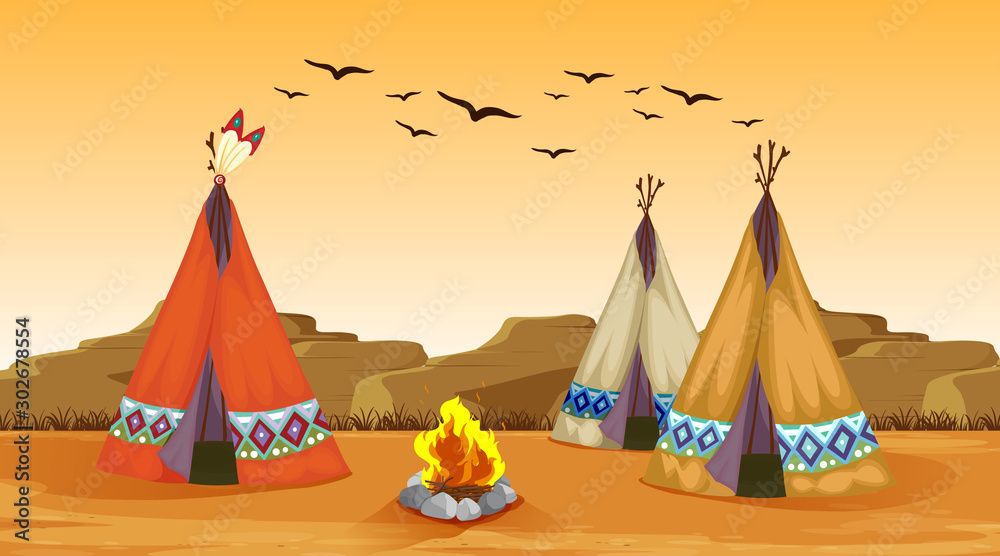 Scene with campfire and tents in the desert - obrazy, fototapety, plakaty 