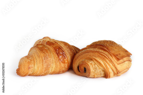 Viennoiserie, petit pain au chocolat and croissant isolated on white background