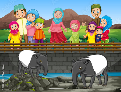 Scene with people and tapir at the zoo