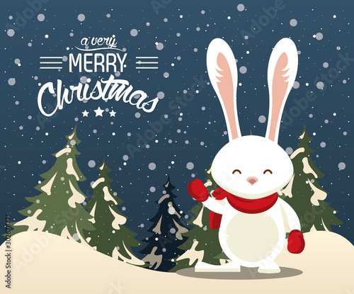 happy merry christmas card with cute rabbit