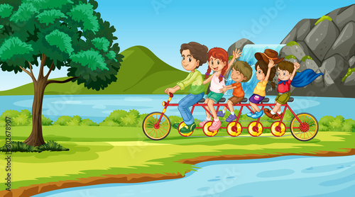 Scene with family on tandem bike