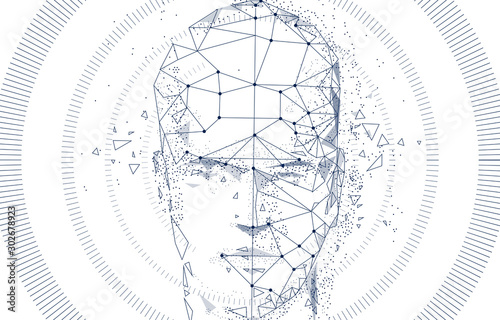 Face id technology. Trendy Innovations cyborg systems.  Innovations systems identifications and development computers software industry. Poligon personal encryption protection.