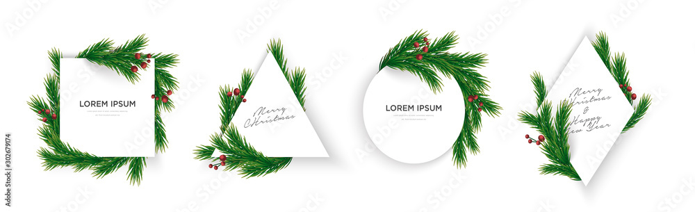 Set of minimal christmas tree branches and cherry geometric frame eps10 vector template