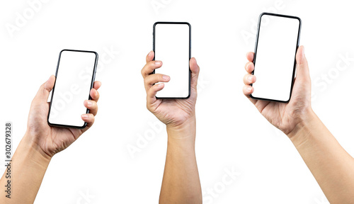  Man hand holding the smartphone full screen with blank screen . isolated on white background.