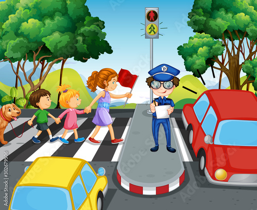 Children crossing road in the city