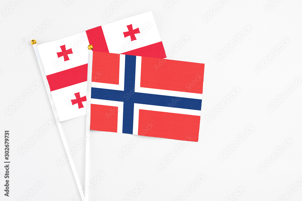 Norway and Georgia stick flags on white background. High quality fabric, miniature national flag. Peaceful global concept.White floor for copy space.