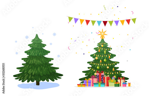 Christmas tree before and after. Christmas tree in the forest with snowflakes and decorated with balls, garlands, with gifts. Clip art set for design. Flat stock vector illustration isolated on white