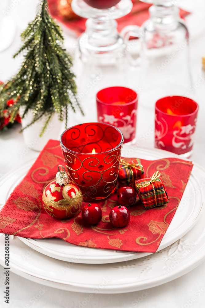 Christmas And New Year Holiday Table Setting. Place setting for Christmas Dinner. Holiday Decorations. Christmas And New Year Holiday Table Setting. Place setting for Christmas Dinner. Holiday Decorations.