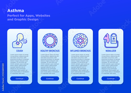 Asthma mobile user interface with copy space and thin line icons: cough, healthy bronchus, inflamed bronchus, nebulizer. Modern vector illustration for medical mobile app.
