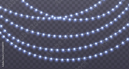 Christmas garland isolated on transparent background. Glowing blue light bulbs with sparkles. Xmas, New Year, wedding or Birthday decor. Party event decoration. Winter holiday season element.