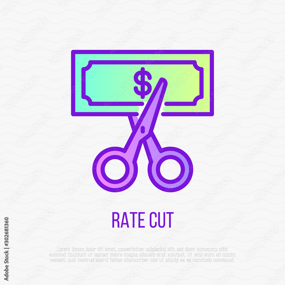 Rate cut thin line icon: scissors cutting banknote with dollar sign. Special offer. Modern vector illustration. Rate cut thin line icon: scissors cutting banknote with dollar sign. Special offer. Modern vector illustration.