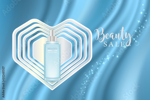 Beauty product ad design, blue cosmetic container with valentine concept advertising background ready to use, luxury skin care banner, illustration vector.	