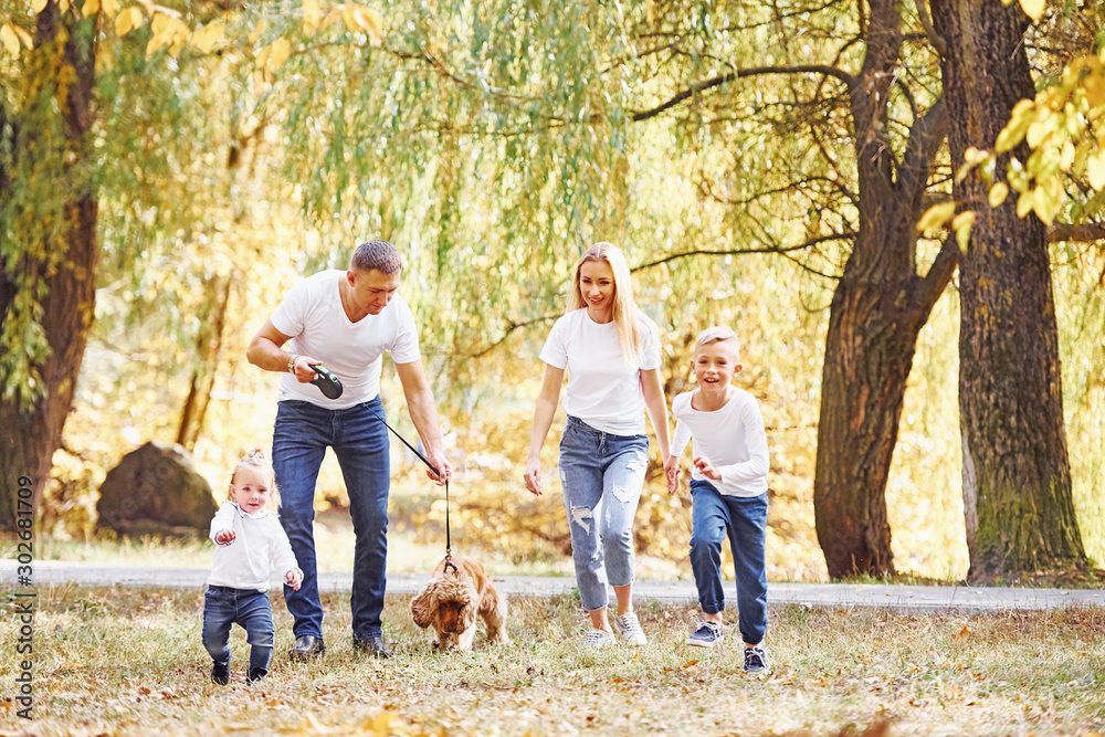 Fototapeta premium Cheerful young family have a walk in an autumn park together
