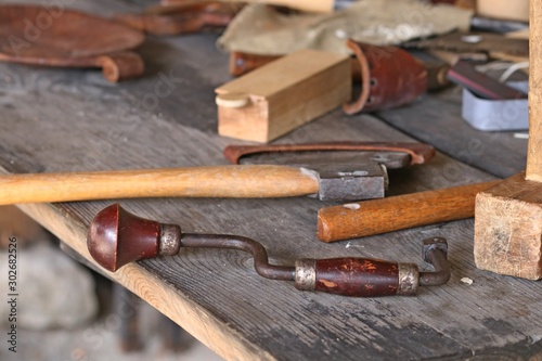 Carpenter tools on wooden table