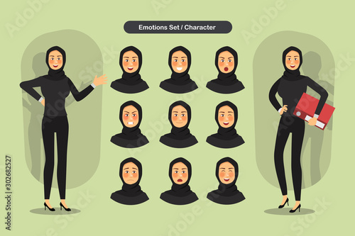 Set of business muslim woman facial different expressions. woman emoji character. Vector illustration.